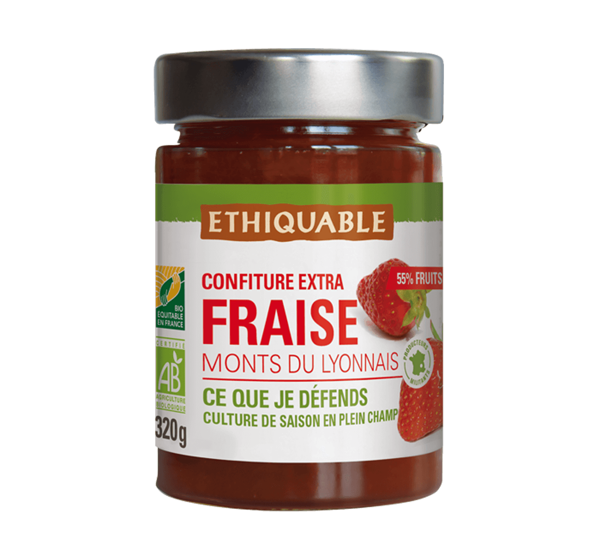 Confiture de fraises plein champ bio des Monts Lyonnais bio et équitable. 55% de fruits - Ethiquable