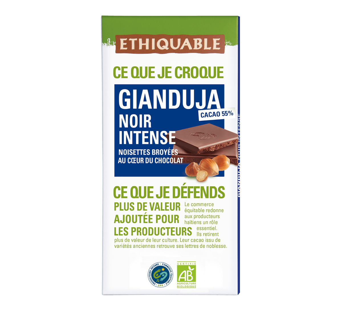 Chocolat noir Gianduja bio intense 55% cacao issu du Commerce Equitable - Ethiquable