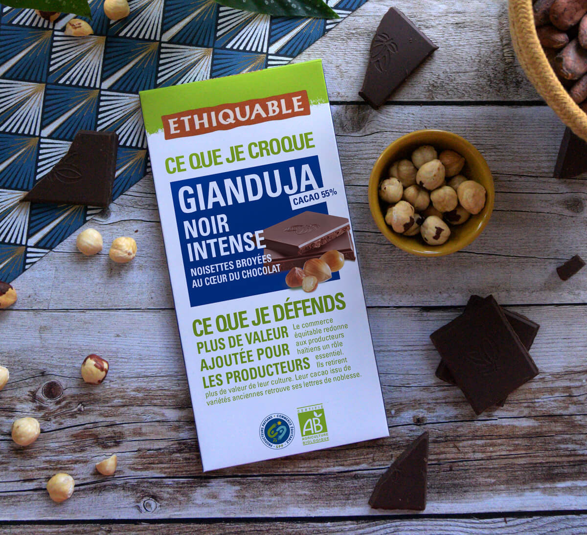 Tablette de Chocolat noir Gianduja bio intense 55% cacao issu du Commerce Equitable - Ethiquable