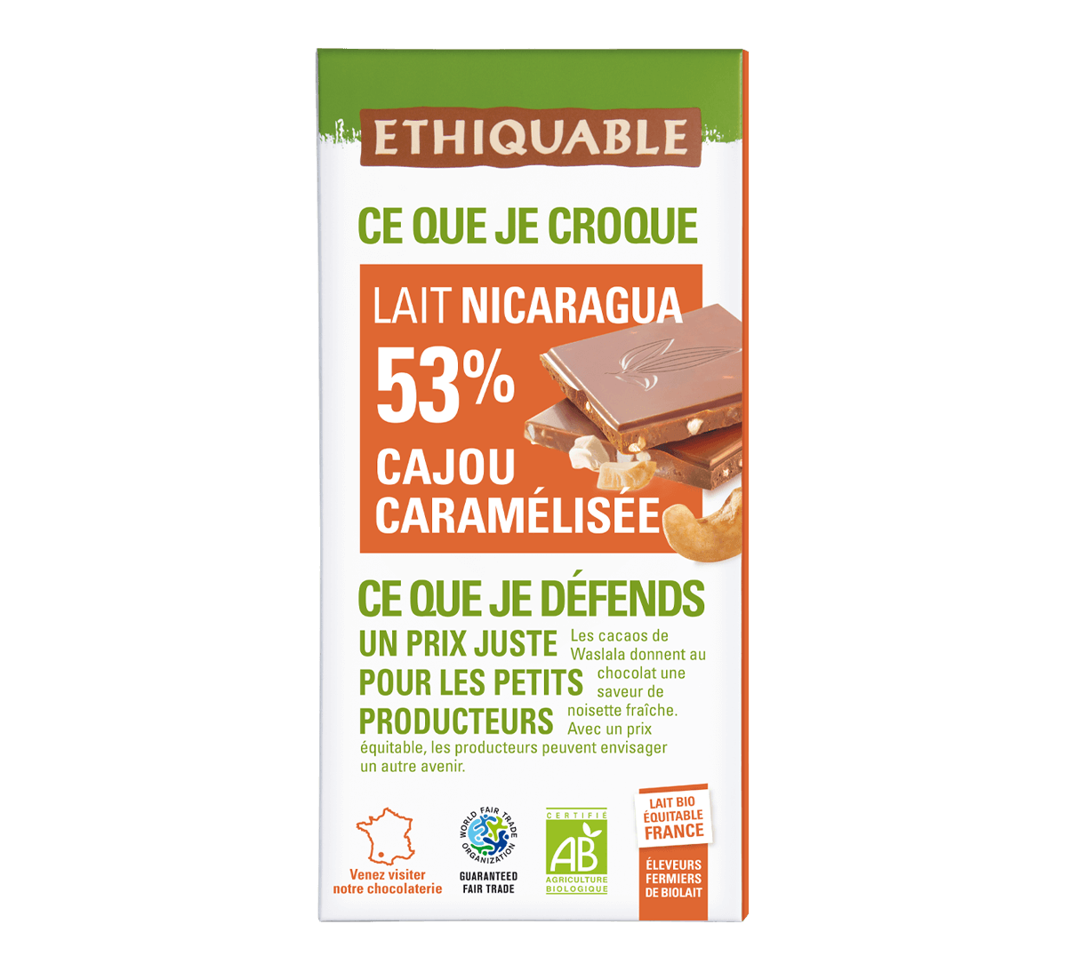 Chocolat au lait français bio et équitable cajou caramélisée 53% de cacao du Nicaragua - Ethiquable