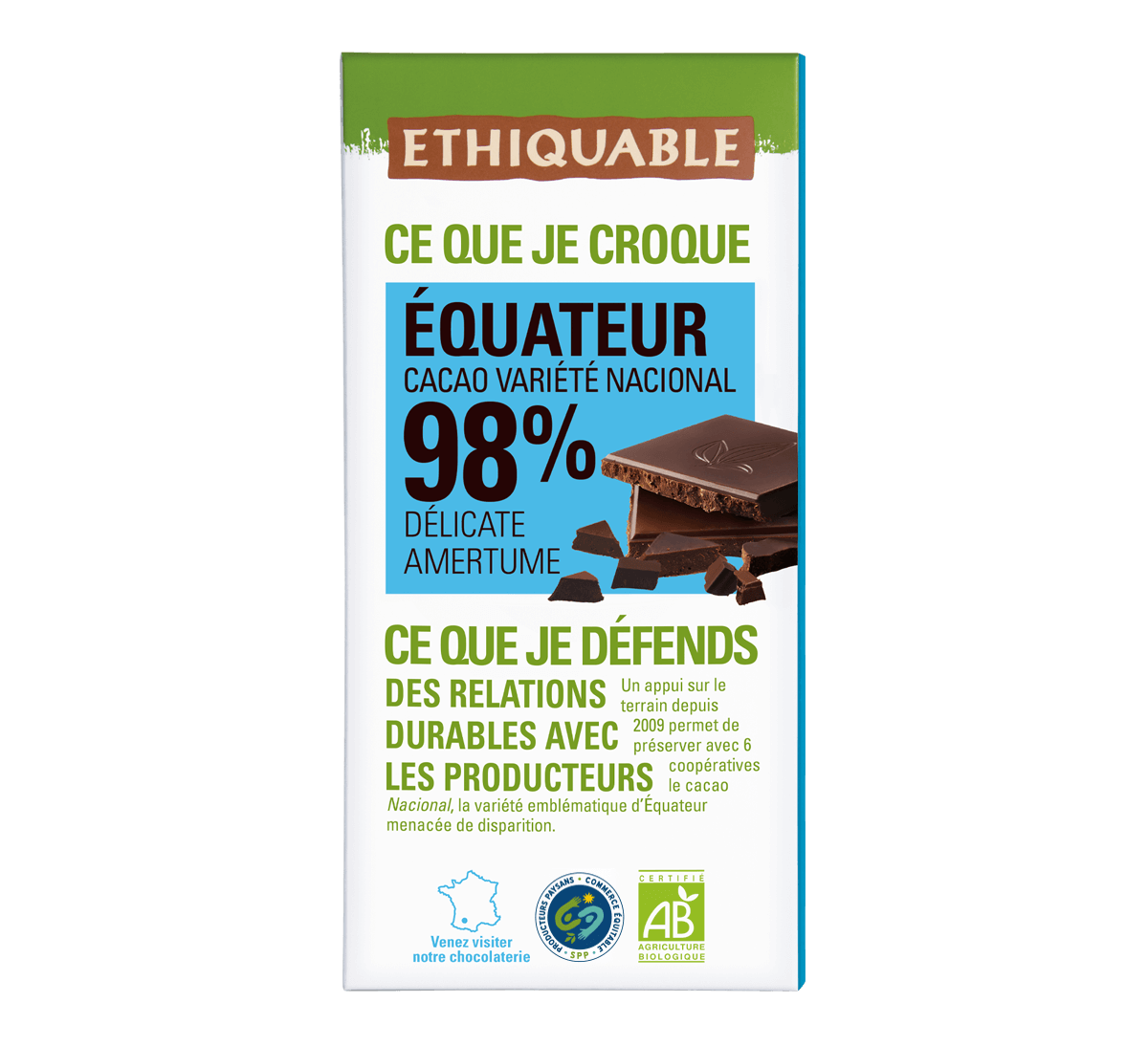 Chocolat noir bio 98% de cacao d'Équateur issu du Commerce Equitable - Ethiquable