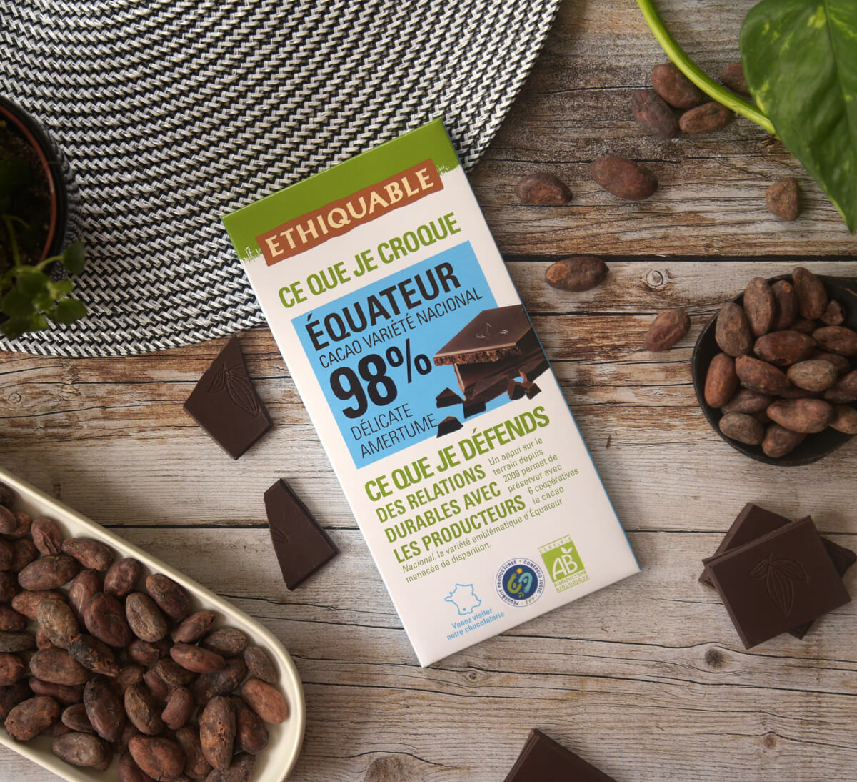 Tablette de Chocolat noir bio 98% de cacao d'Équateur issu du Commerce Equitable - Ethiquable