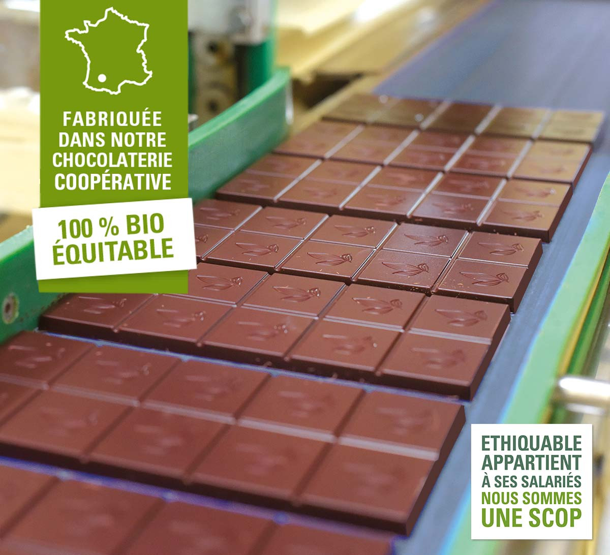 chocolat fabriqué dans notre chocolaterie coopérative 100% bio et équitable. Ethiquable est une scop.