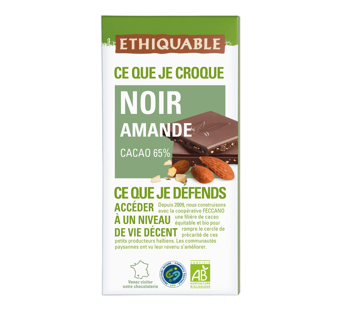 tablette chocolat noir bio aux Amandes à 65% de cacao issu du Commerce Equitable - Ethiquable