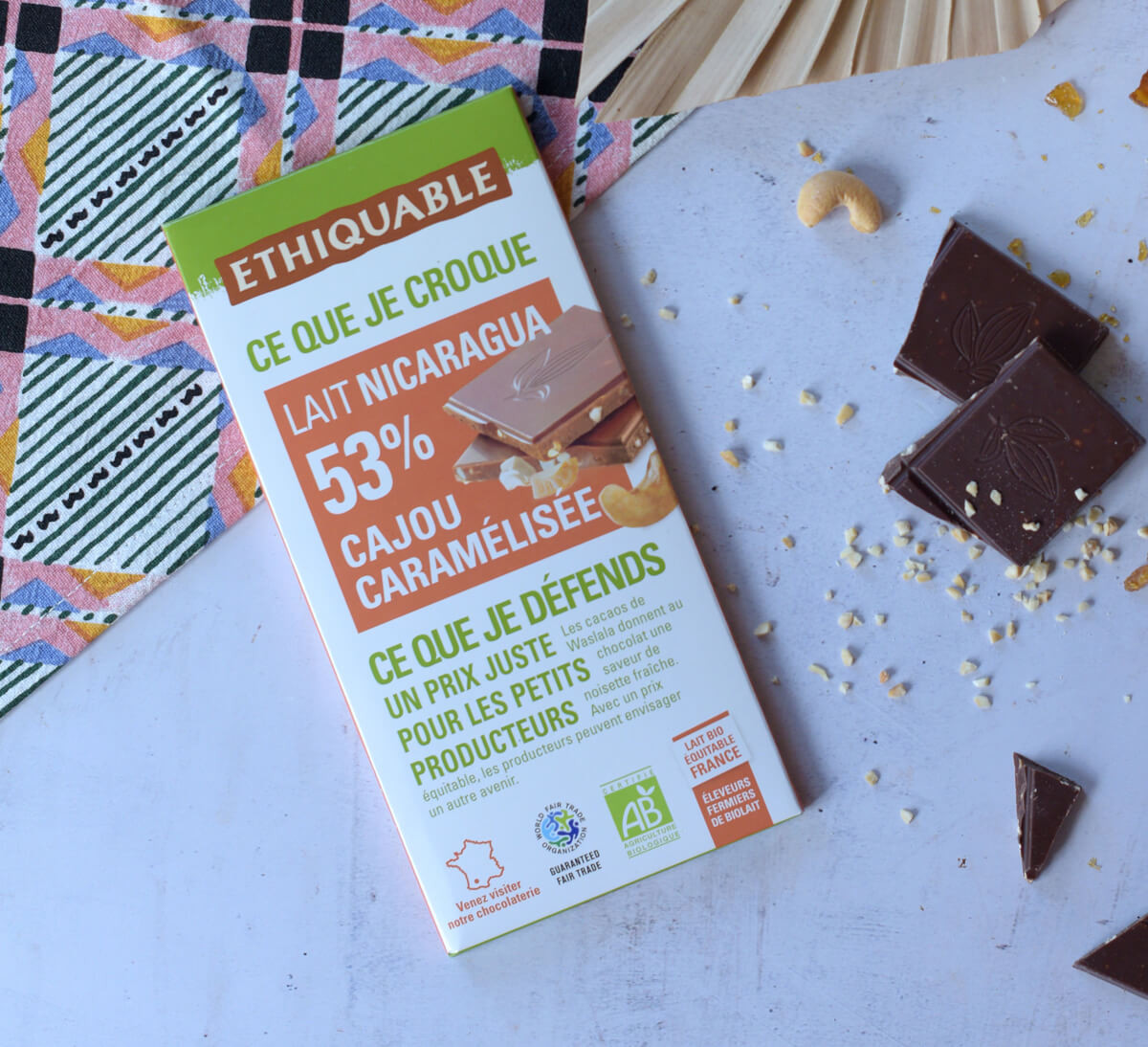 Tablette de chocolat au lait cajou caramélisée 53% de cacao du Nicaragua - Ethiquable