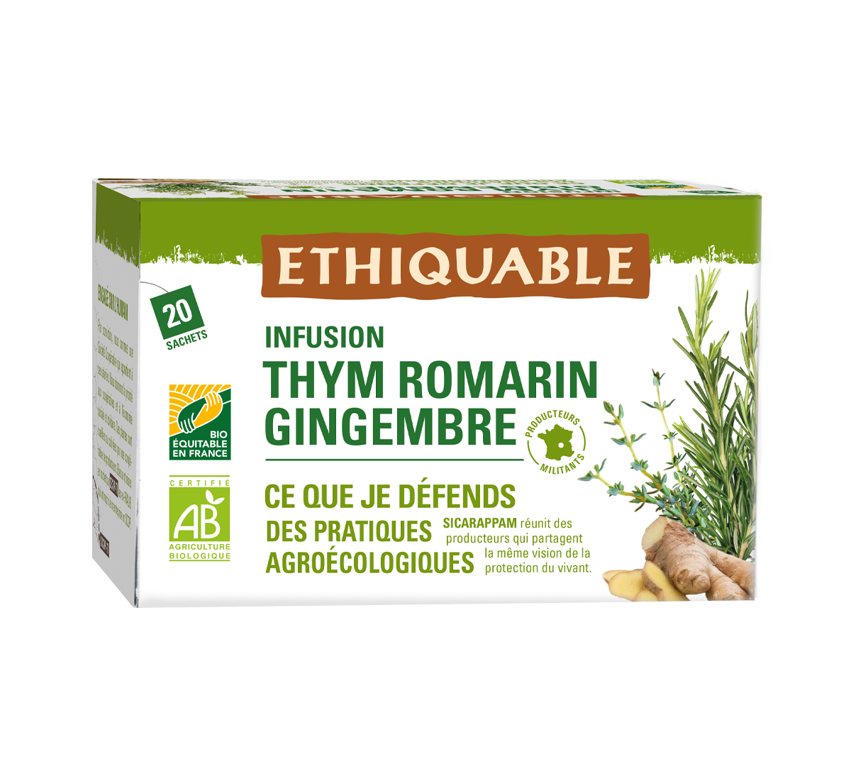 Infusion tisane bio de thym, romarin, gingembre issus du commerce équitable dans le Massif Central