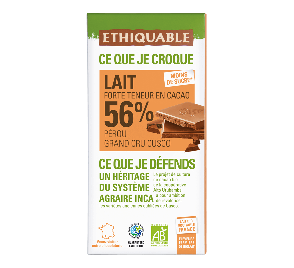 Chocolat lait bio Grand cru Cusco 56% cacao du Pérou issu du Commerce Equitable et de l'agriculture paysanne bio