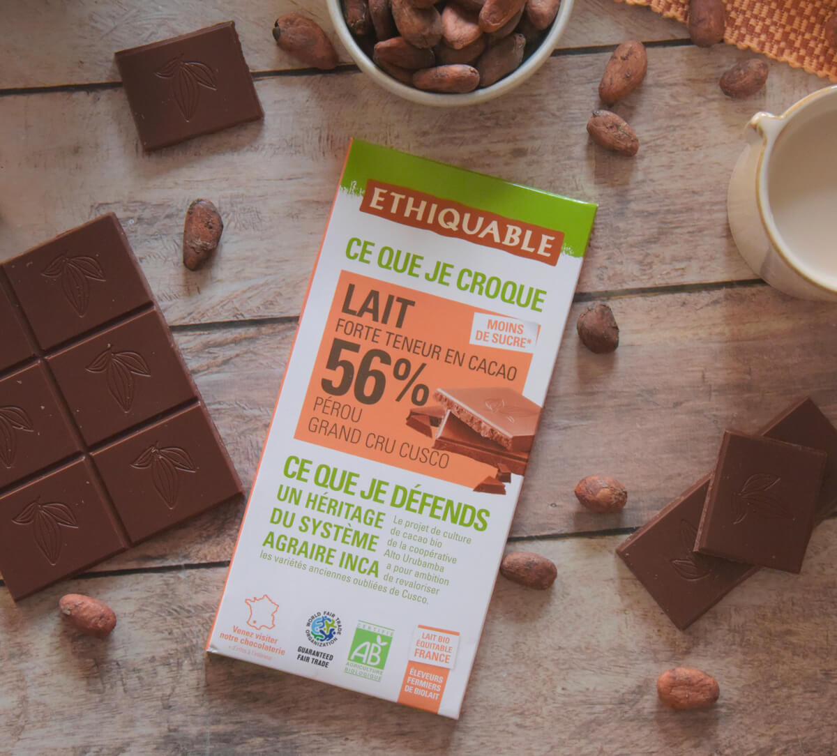Tablette de chocolat lait Grand cru Cusco 56% cacao du Pérou bio équitable