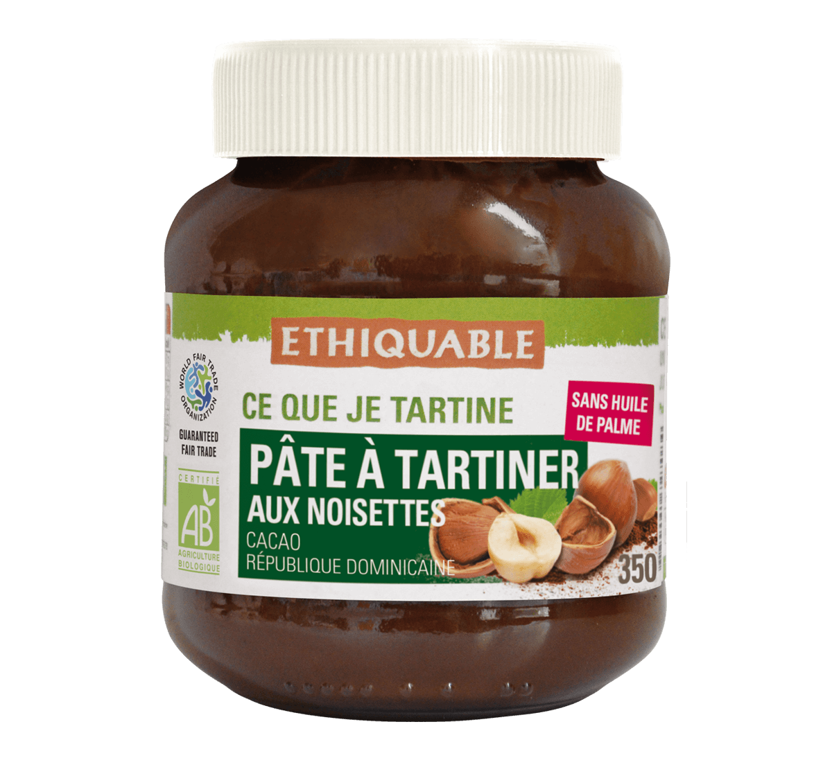 Pâte à tartiner bio aux noisettes cacao de République Dominicaine, sans huile de palme, issue du commerce équitable