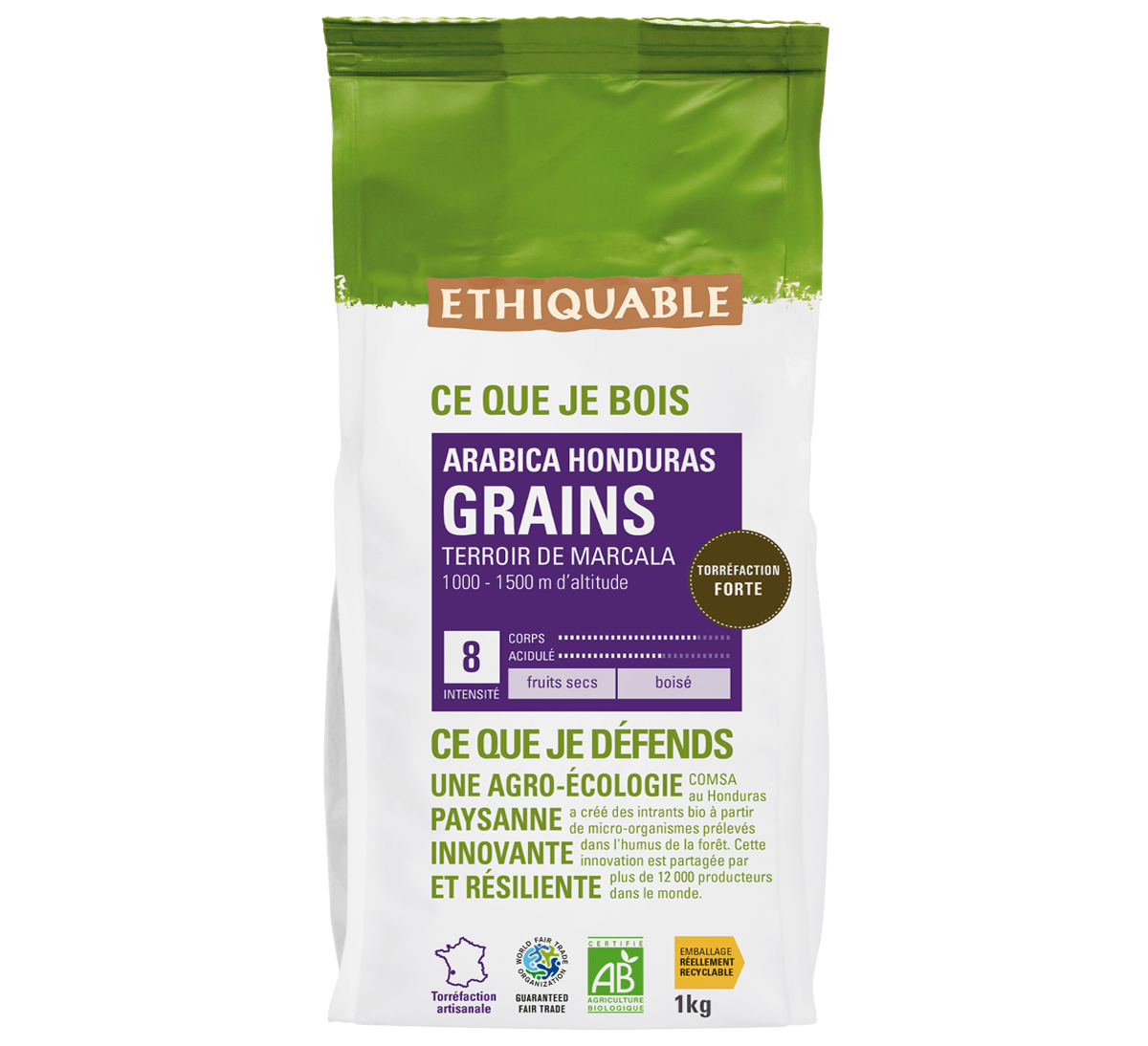 Café pur arabica Ethiquable en grains bio du Honduras issu du Commerce équitable format 1kg, torréfaction artisanale