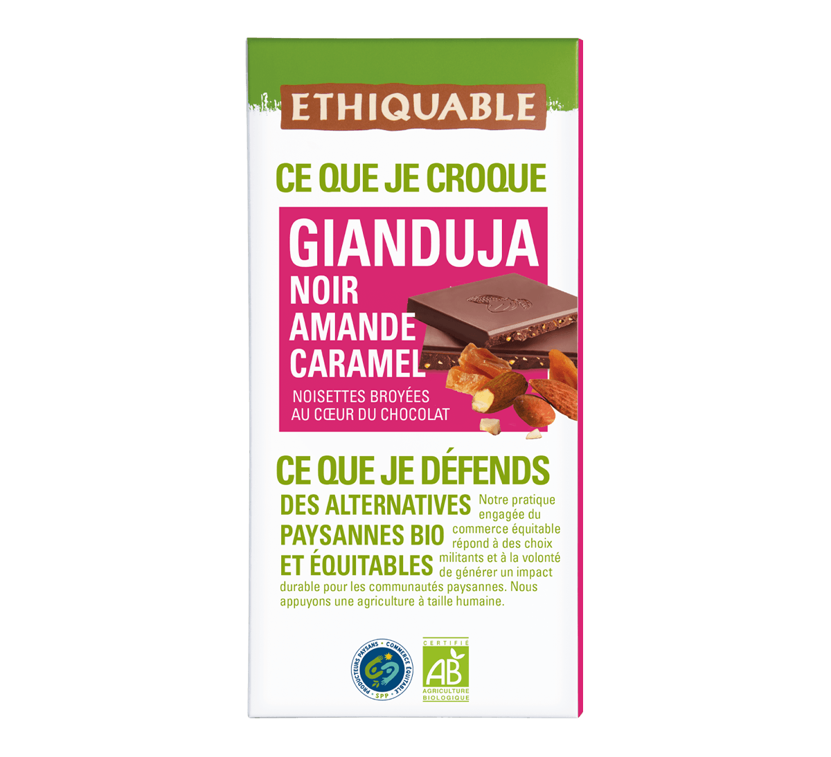 Tablette chocolat noir bio gianduja aux éclats d'amande et de caramel, issu du commerce équitable