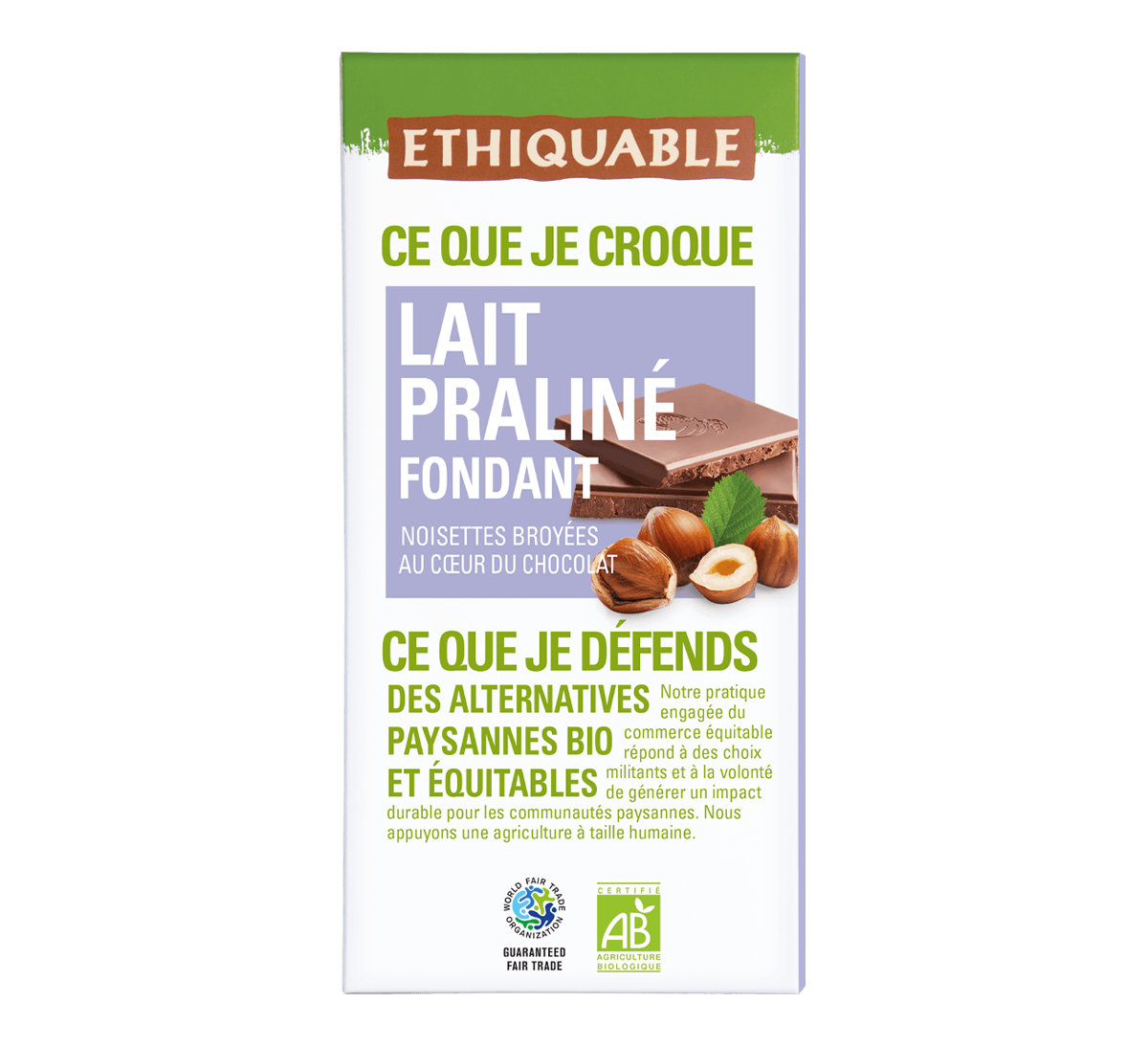 Tablette chocolat au lait bio praliné fondant, noisettes broyées, issu du commerce équitable