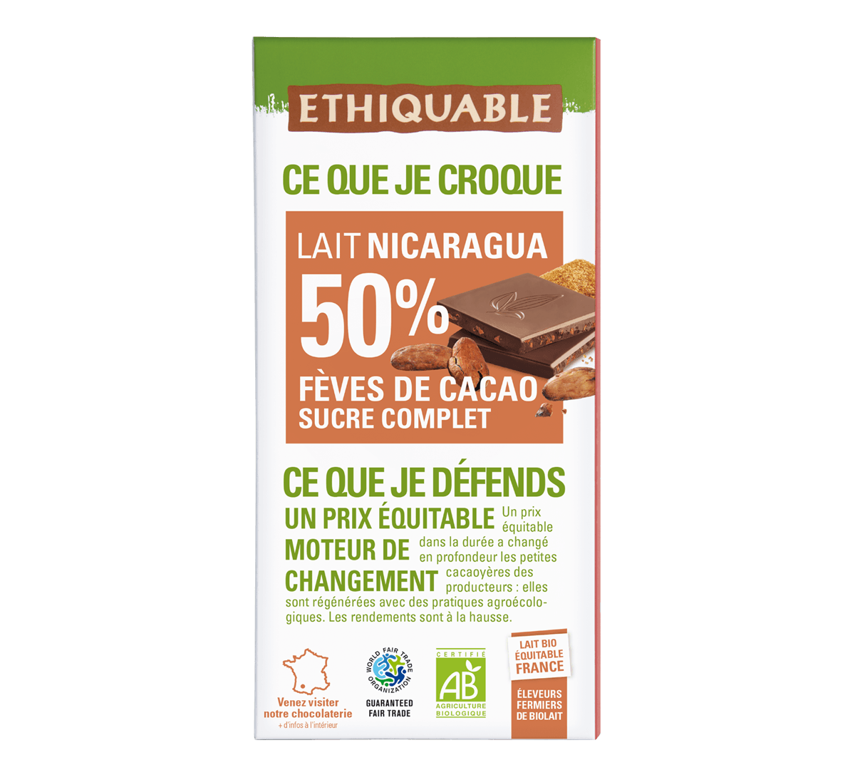Chocolat lait bio 50% de cacao du Nicaragua et fèves de cacao issu du commerce équitable