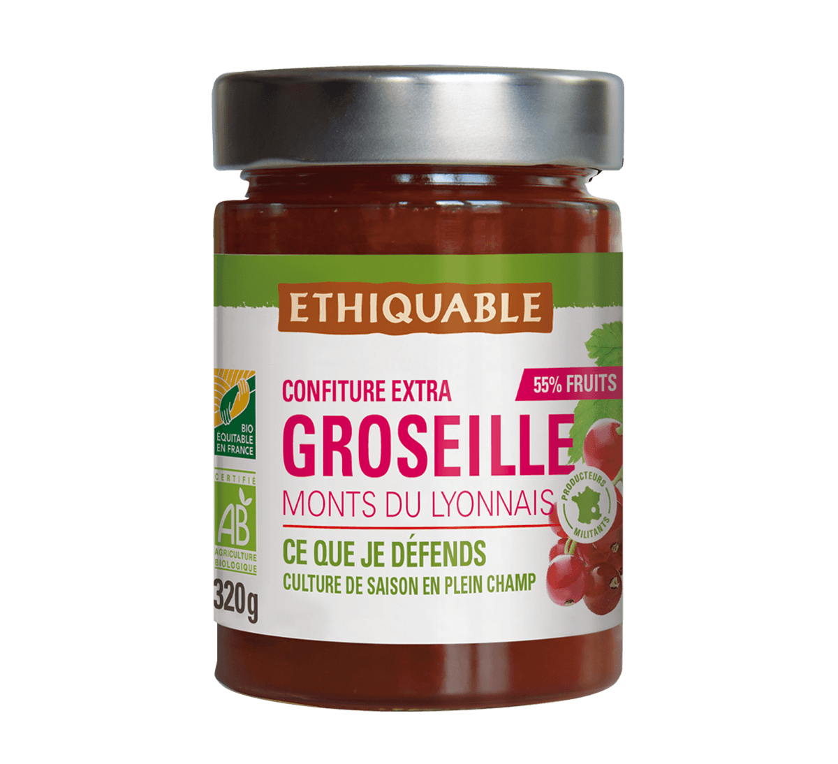 Confiture de groseilles bio des Monts Lyonnais issue du Commerce Equitable. 55% de fruits.
