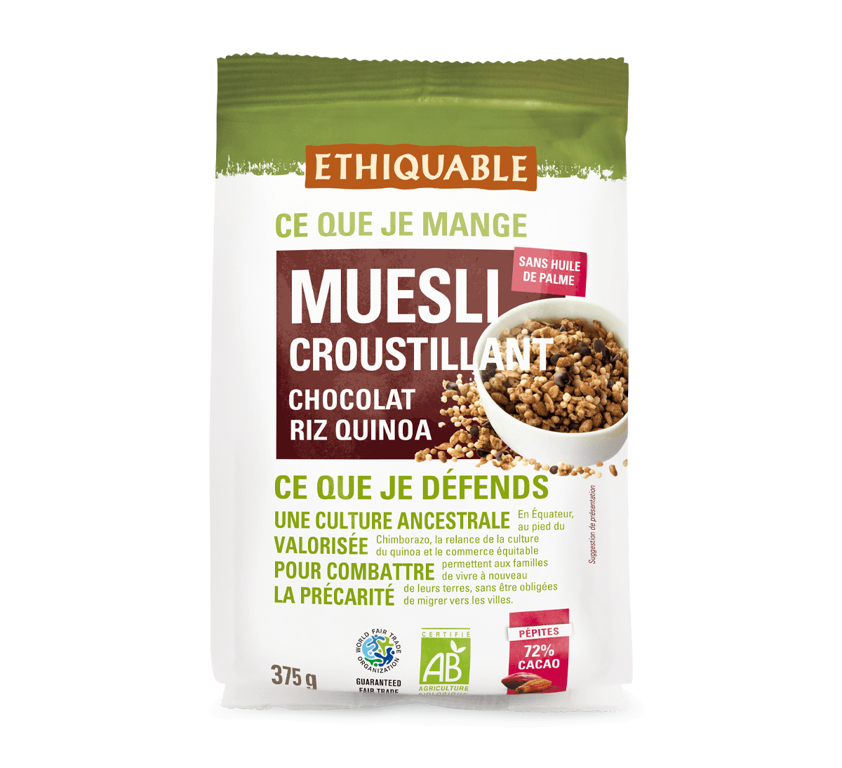 Céréale Muesli croustillant Ethiquable Chocolat noir, riz et quinoa équitable et bio