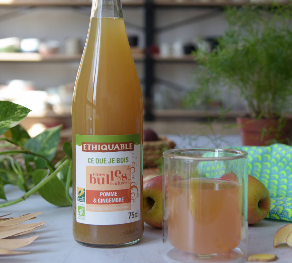 Bouteille de jus pétillant fines bulles Pomme & Gingembre bio et équitable