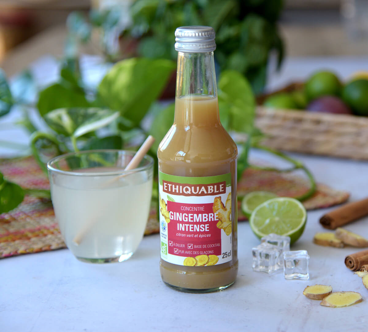 Bouteille de jus concentré à diluer gingembre intense, citron vert et épices bio et équitables