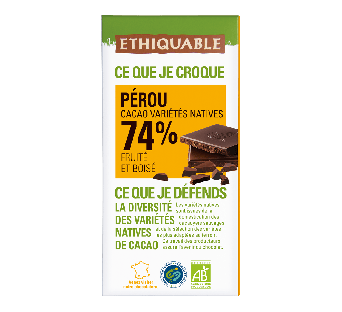 Chocolat noir 74% de cacao bio variétés natives du Pérou issu du commerce équitable
