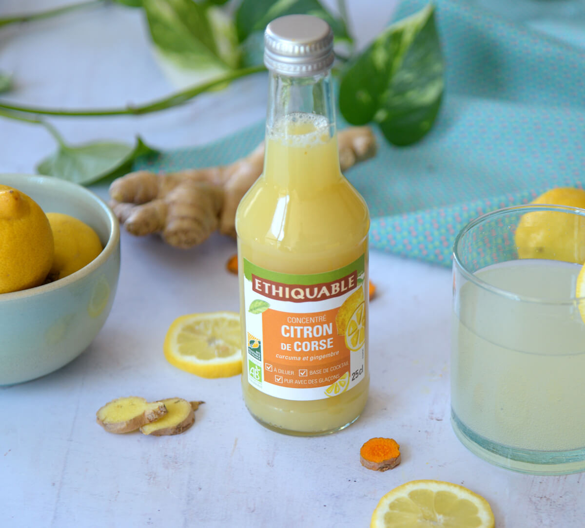 Bouteille de jus concentré à diluer de Citron jaune de Corse et épices bio et équitable