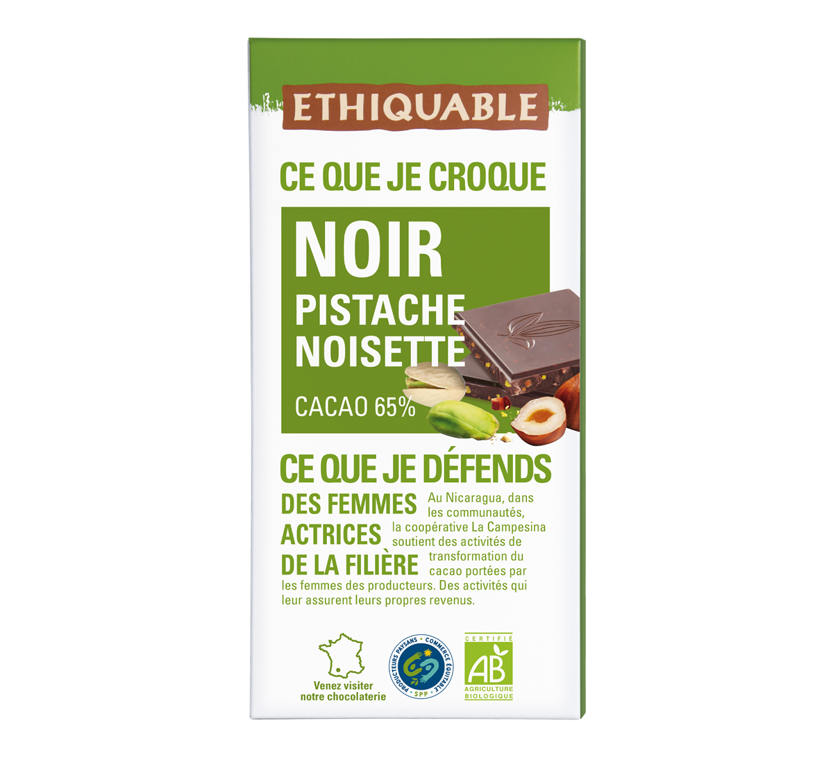 Chocolat noir bio Pistache & Noisette 65% de cacao du Nicaragua issu du Commerce Equitable