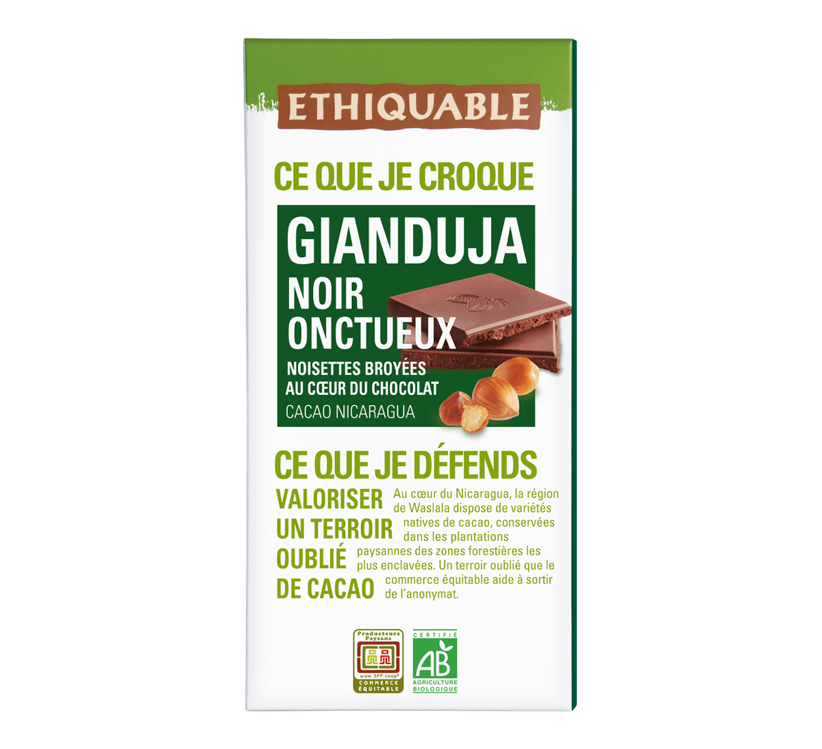 Chocolat Gianduja noir onctueux bio, cacao du Nicaragua issu du Commerce Equitable