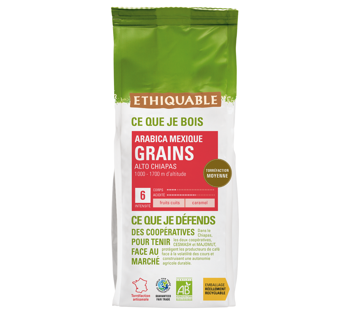 Café pur arabica en grains bio du Mexique issu du Commerce Equitable, en format 500gr