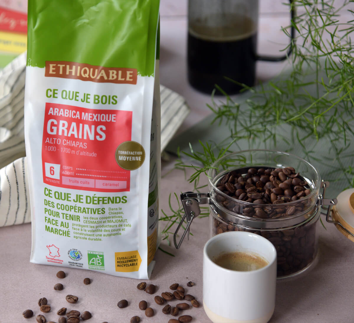 Paquet de café bio et équitable du Mexique en grains, en format 500 gr