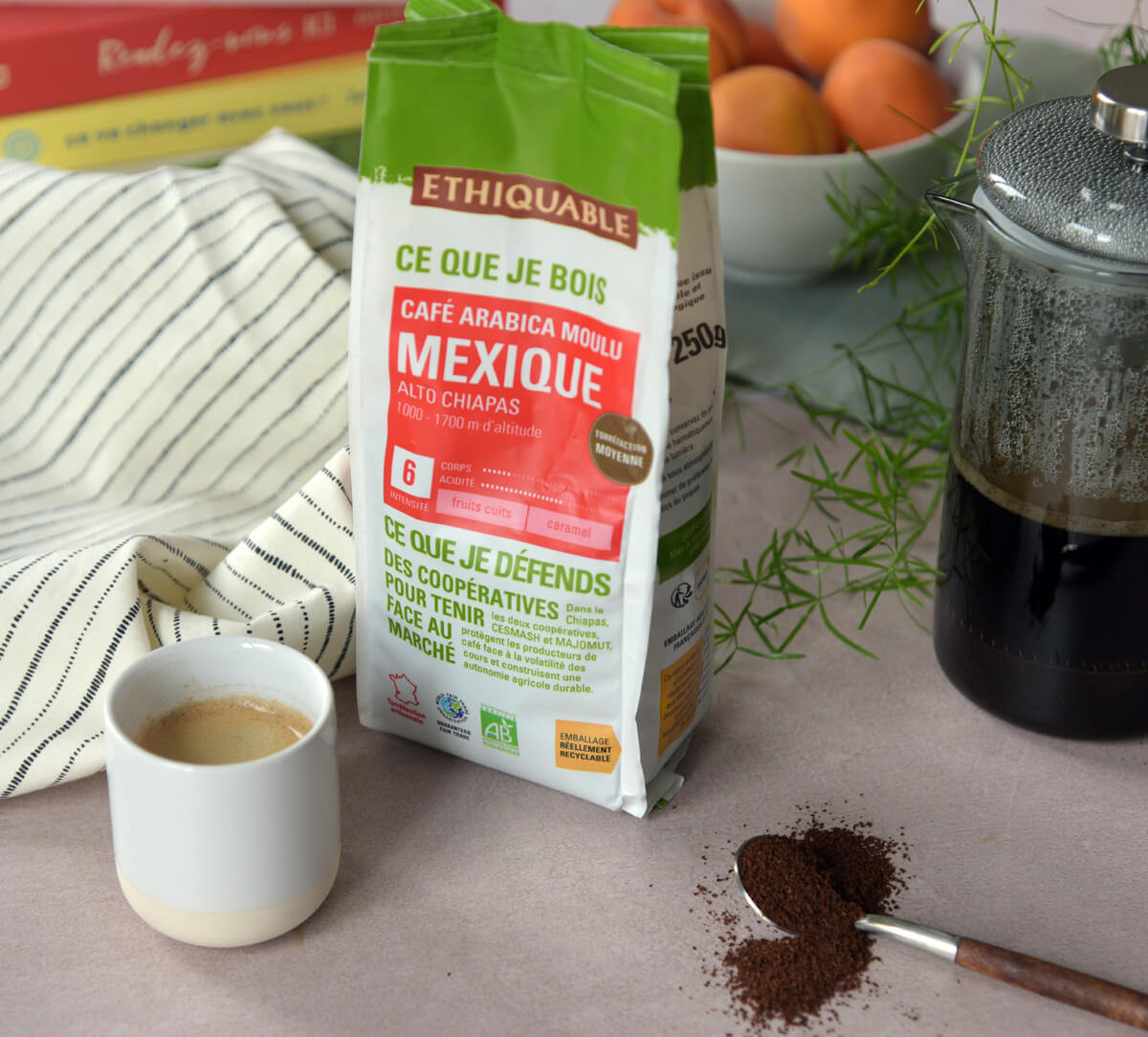 Paquet de café bio et équitable du Mexique moulu, en format 250 gr