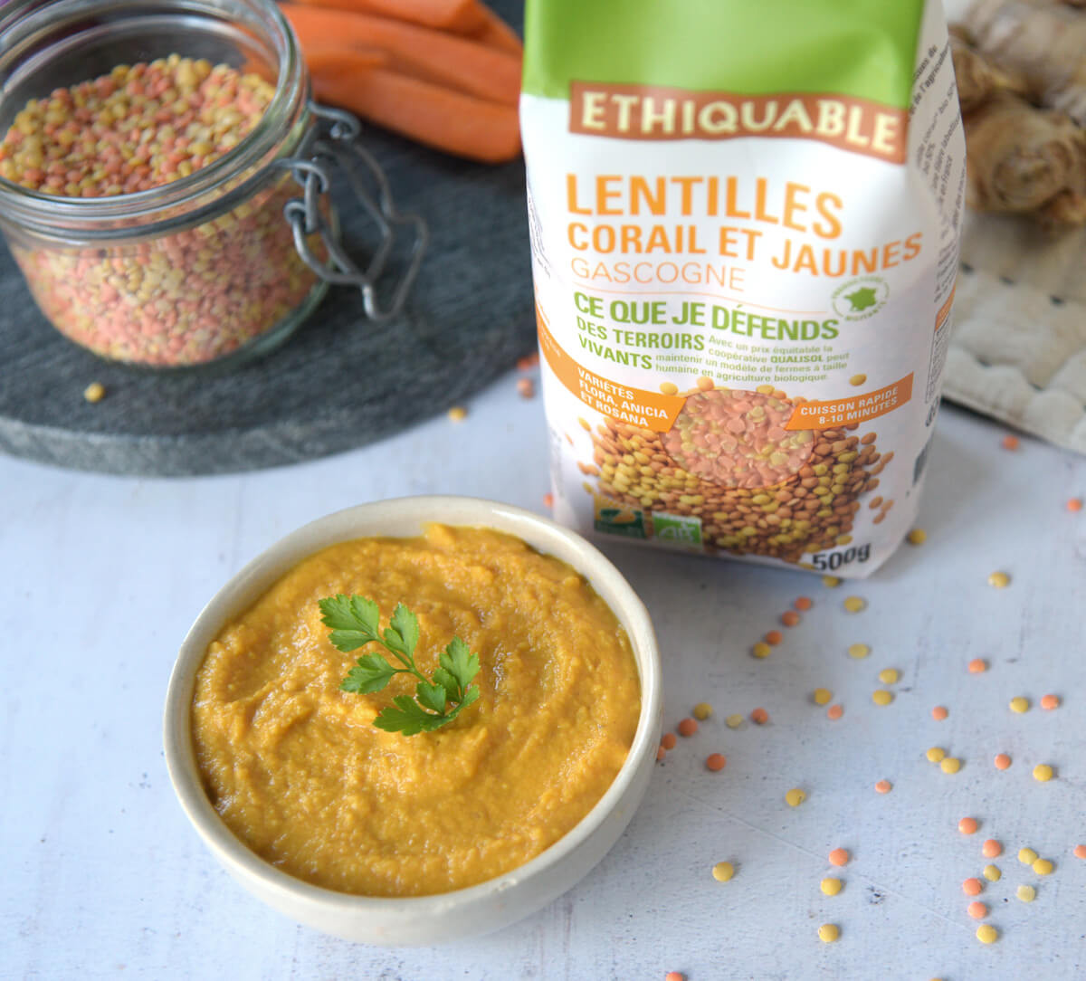 Sachet de lentilles corail et jaunes bio et équitables de Gascogne