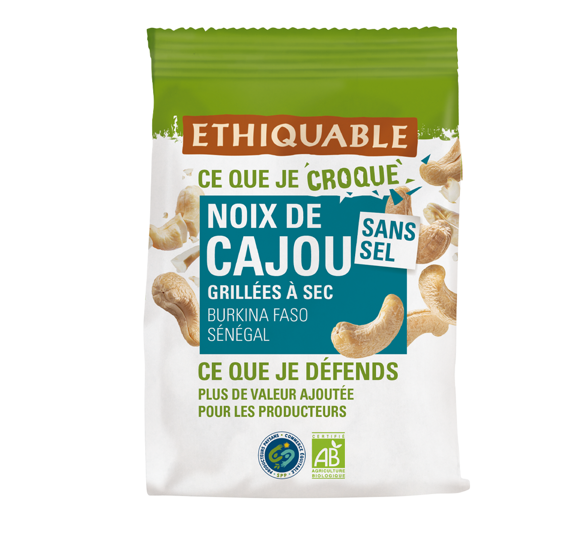 Noix de Cajou grillées à sec, sans sel bio et issues du commerce équitable en format 100g, Sénégal et Burkina Faso