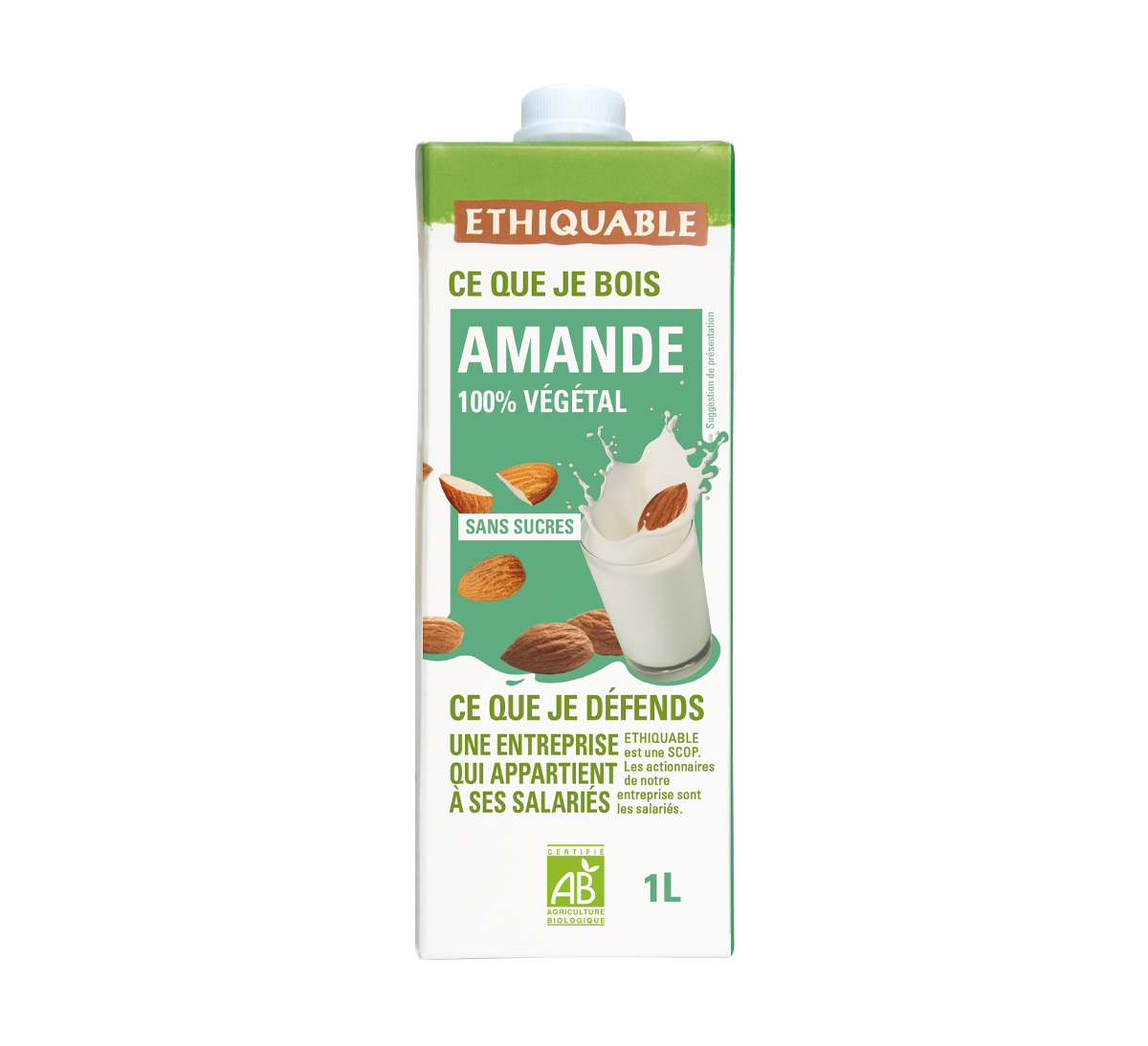 lait végétal bio à l'amande issu du commerce équitable, sans sucres