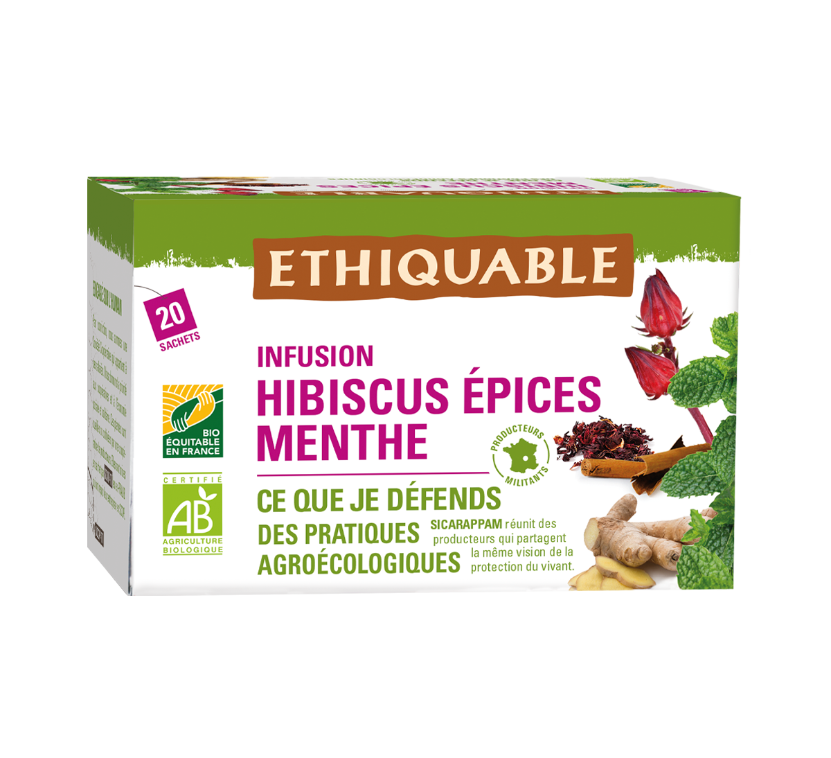 Infusion bio du Massif Central à l'Hibiscus, Menthe poivrée, et aux épices issus du commerce équitable - Paysans d'Ici