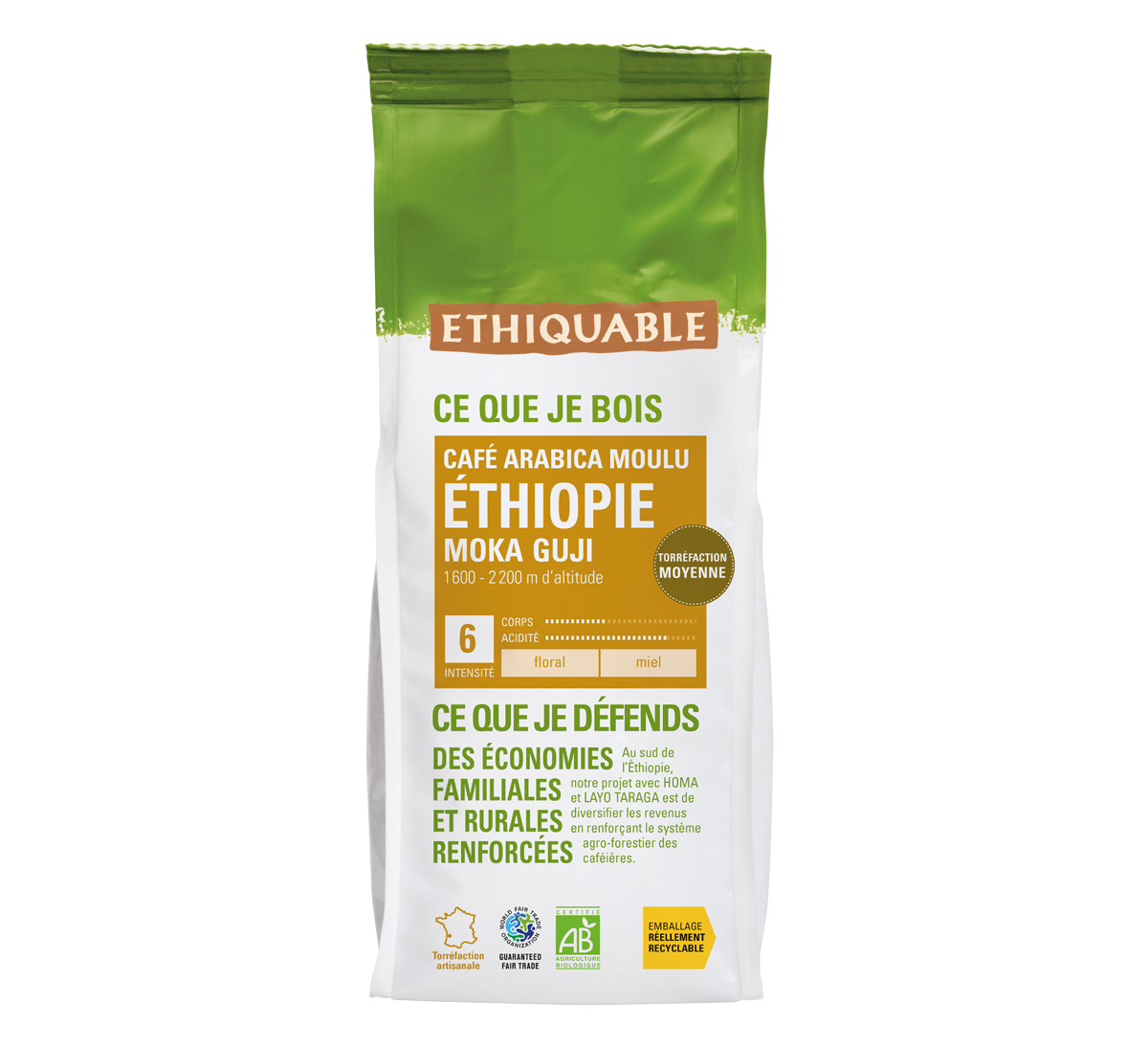Café arabica Ethiquable bio moulu Éthiopie issu du Commerce Equitable format 250g
