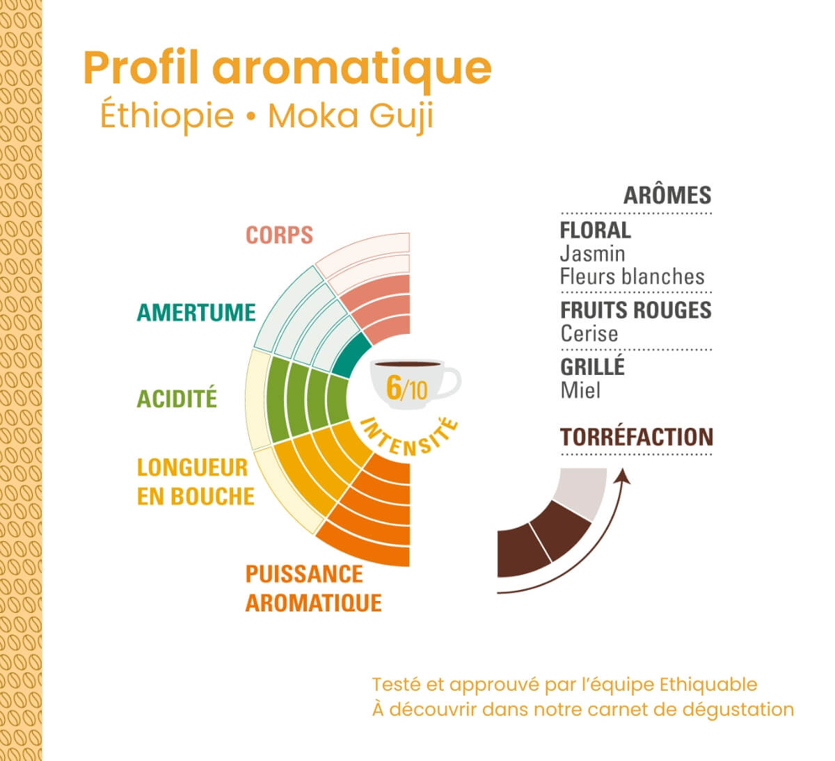 Profil aromatique du café pur arabica Ethiquable bio moulu Éthiopie issu du Commerce Equitable format 250g