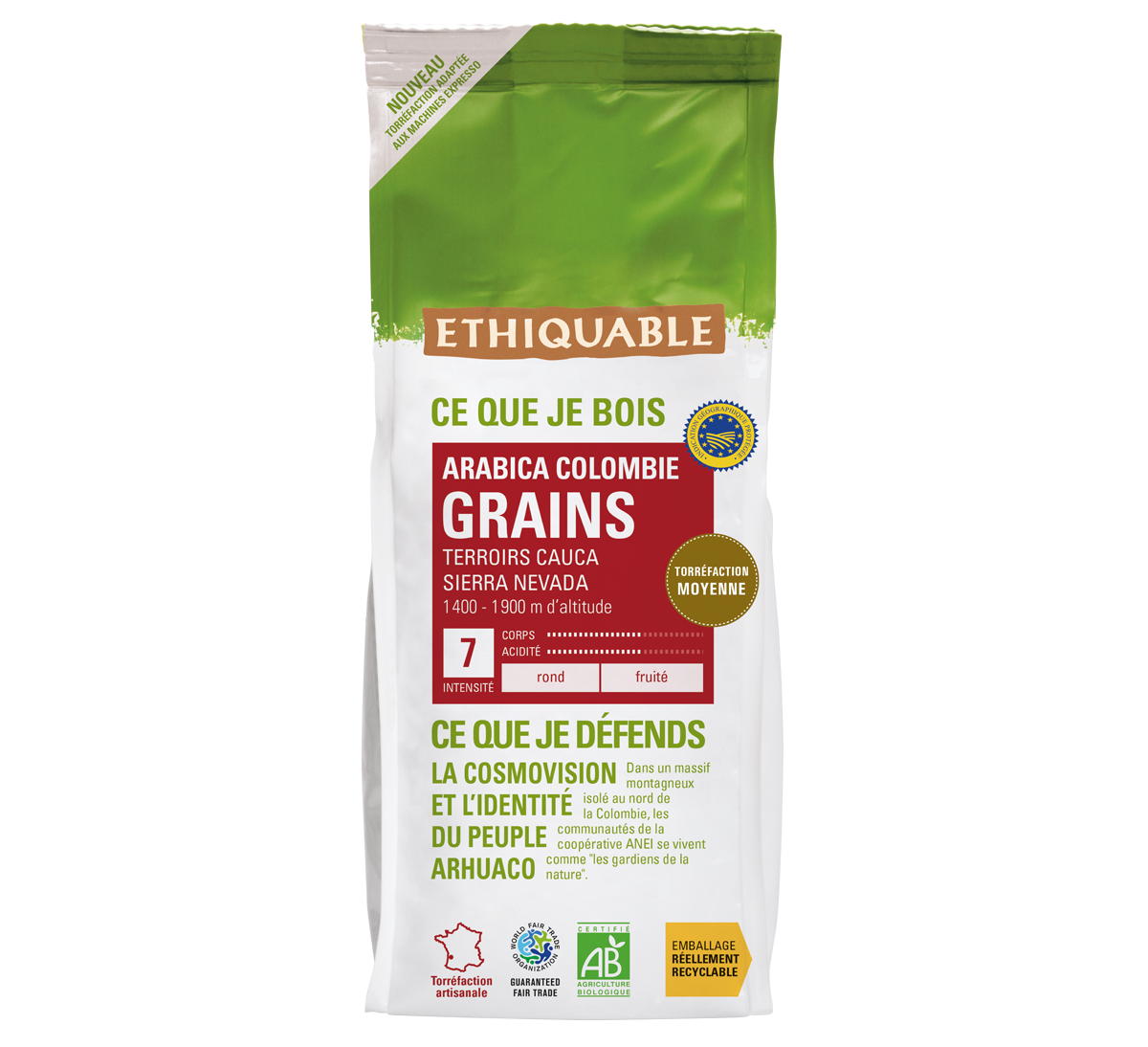Café pur arabica Ethiquable bio en grains de Colombie issu du Commerce Equitable format 500g