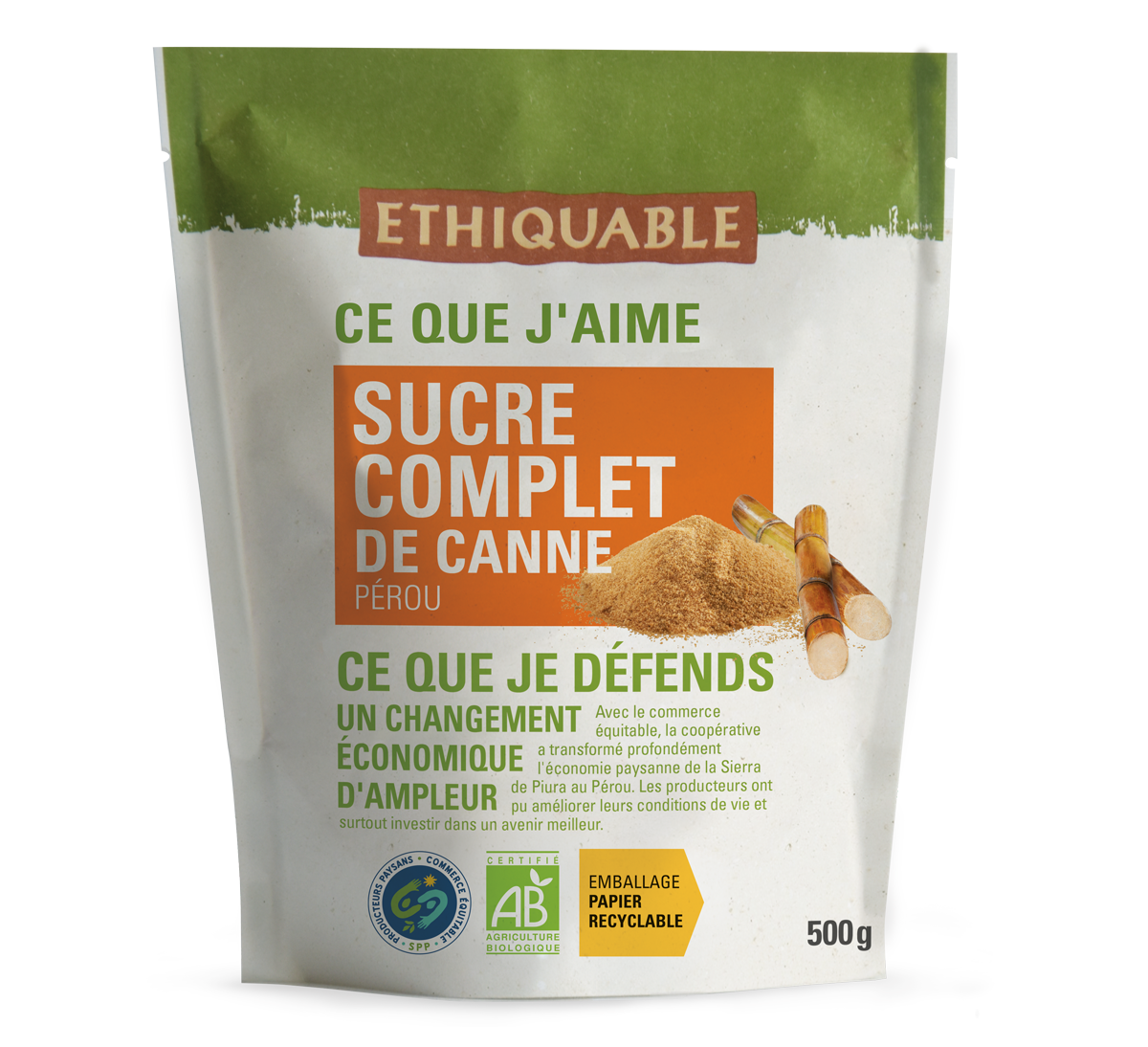 Sucre complet de canne en poudre bio du Pérou issu du commerce équitable