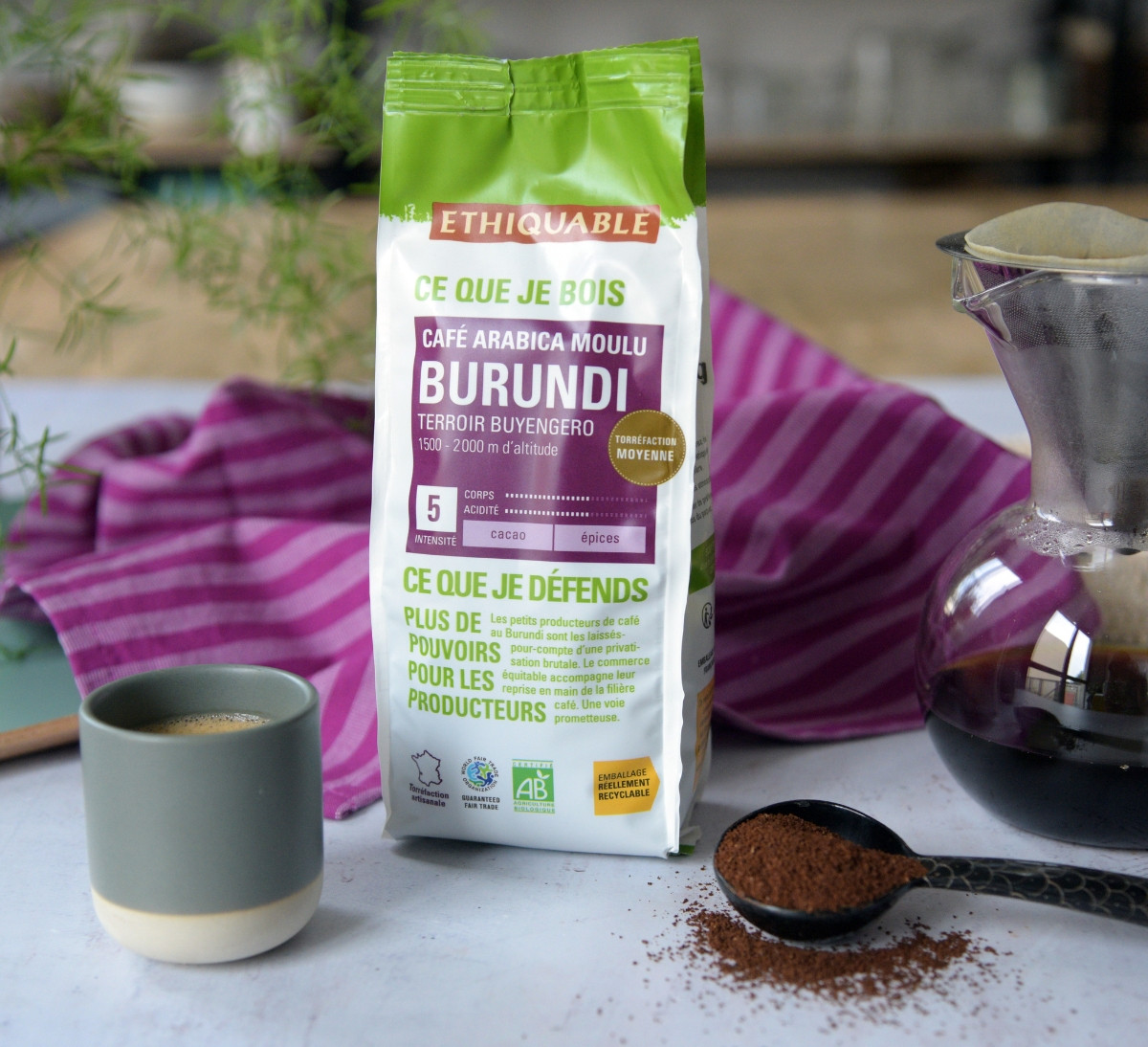 Paquet de café bio et équitable moulu du Burundi, en format 250 gr