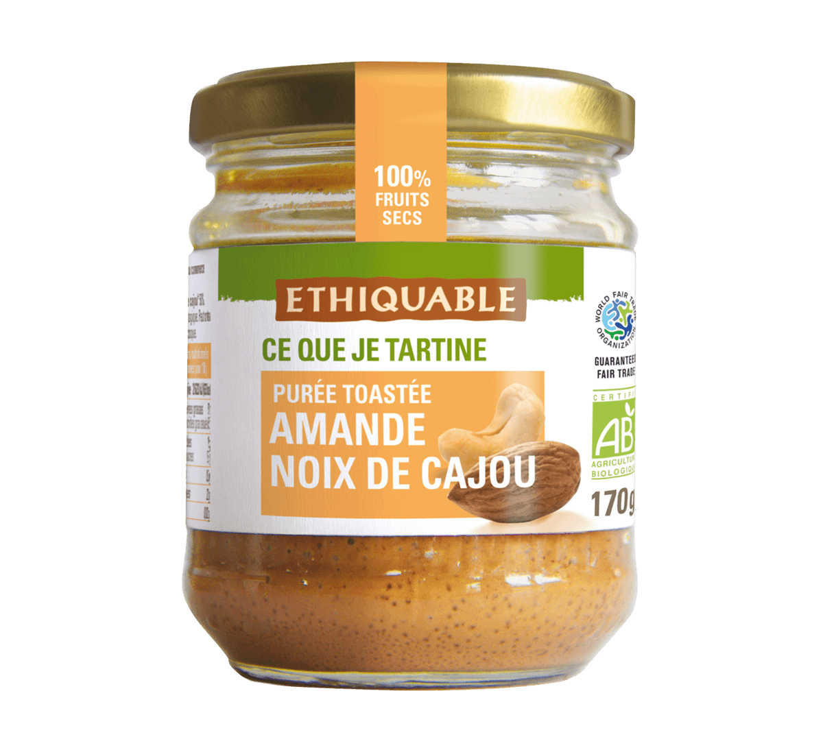 Purée toastée d'amandes et noix de cajou issues de l'agriculture biologique et du commerce équitable