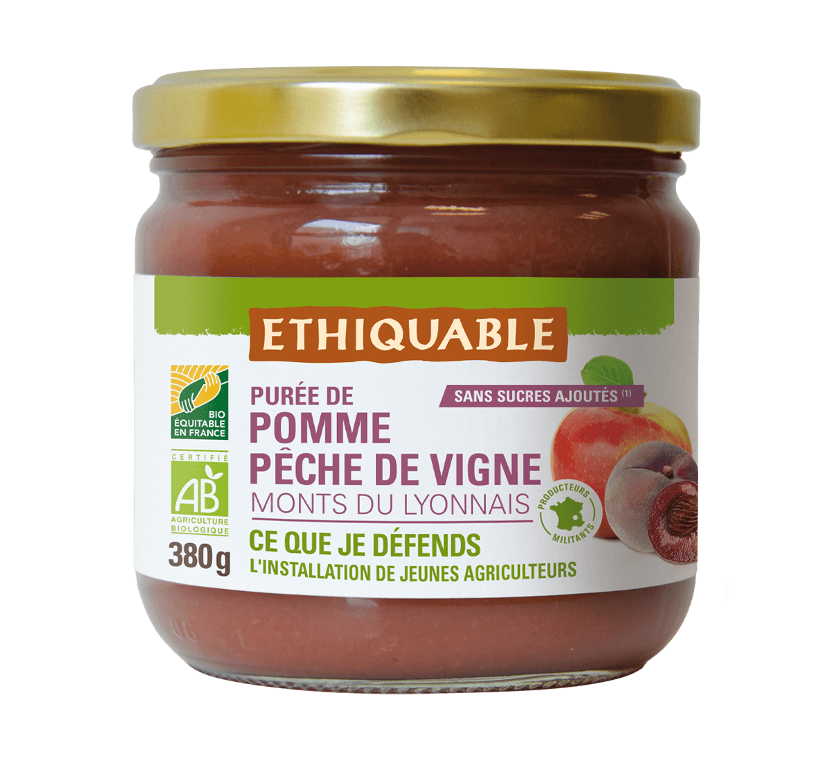 Purée compote de pomme et de pêche de vigne bio des Monts du Lyonnais, issues du commerce équitable