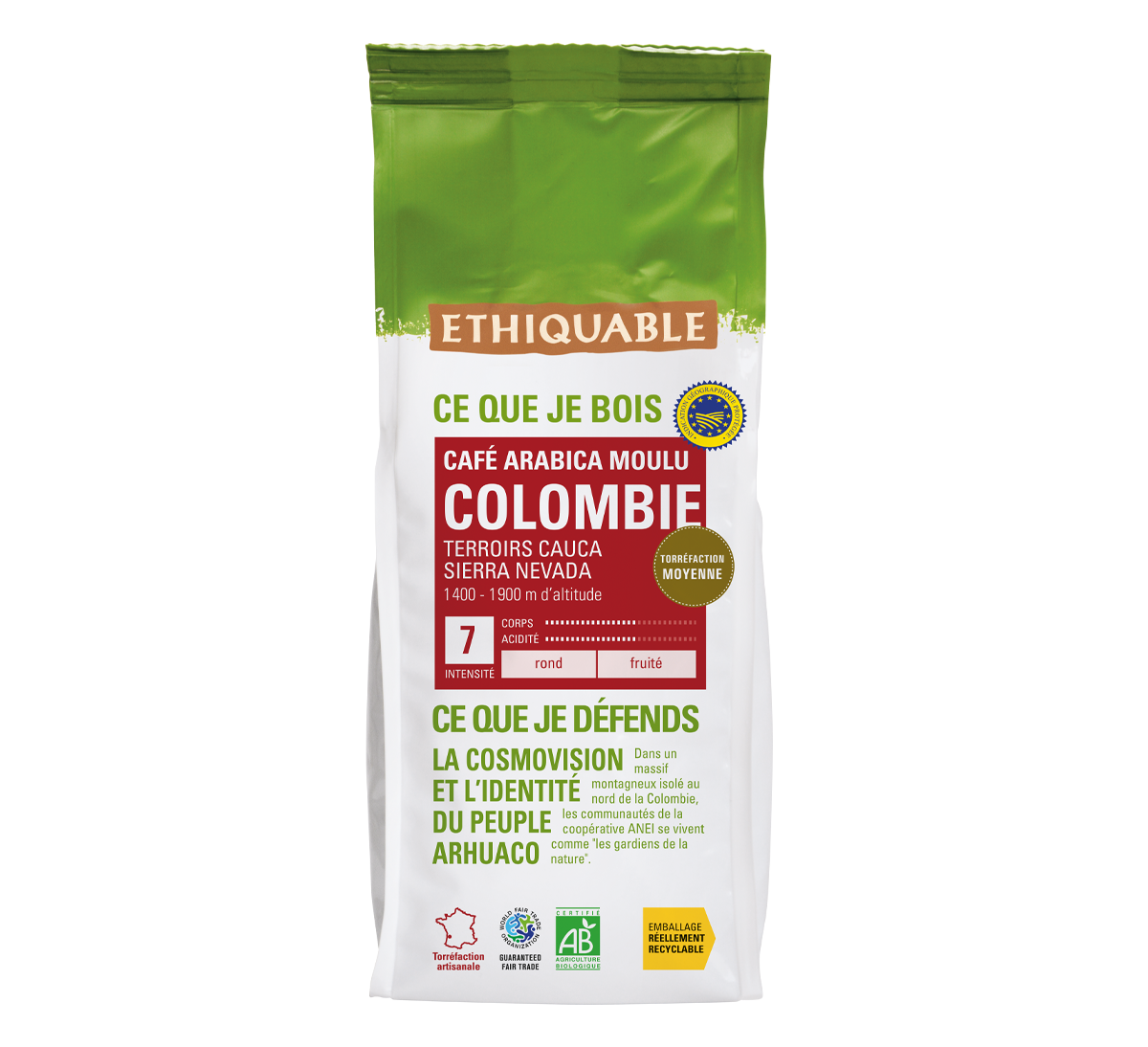 Café pur arabica Ethiquable bio moulu Colombie issu du Commerce Equitable, au format 250g
