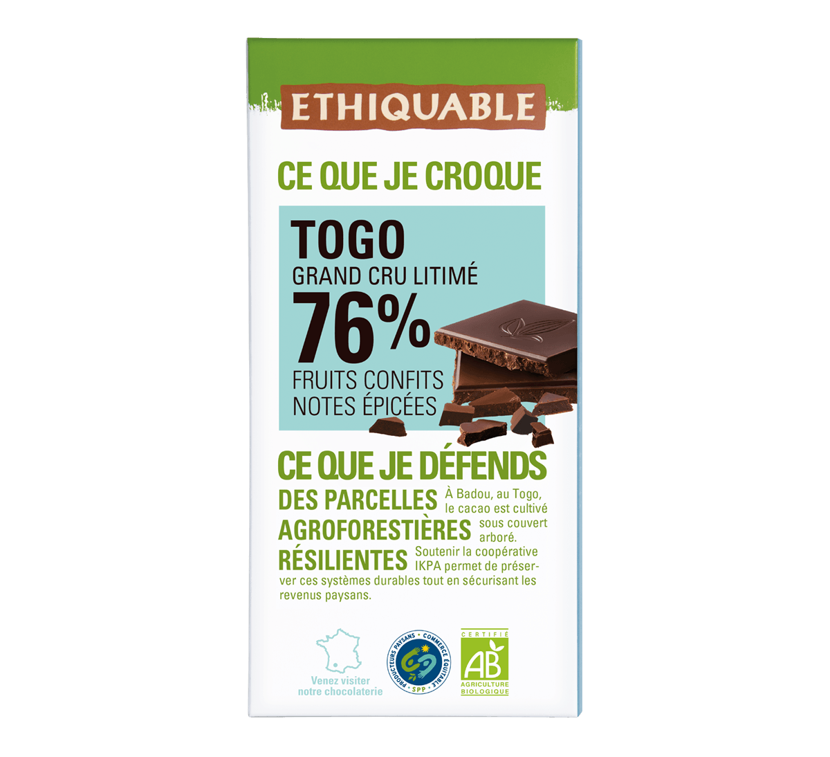 Chocolat noir bio 76% de cacao du Togo issu du commerce équitable grand cru Litimé