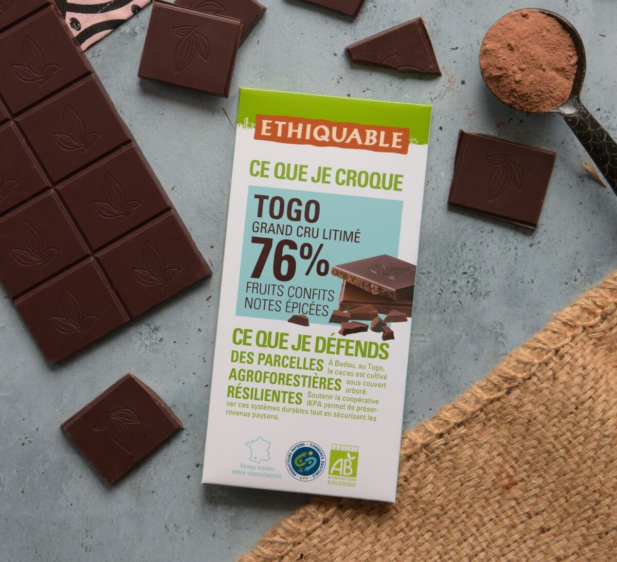 Tablette de chocolat noir 76% de cacao du Togo bio et équitable